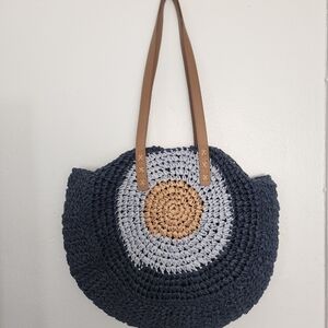Elegant Navy and Tan Crochet Tote